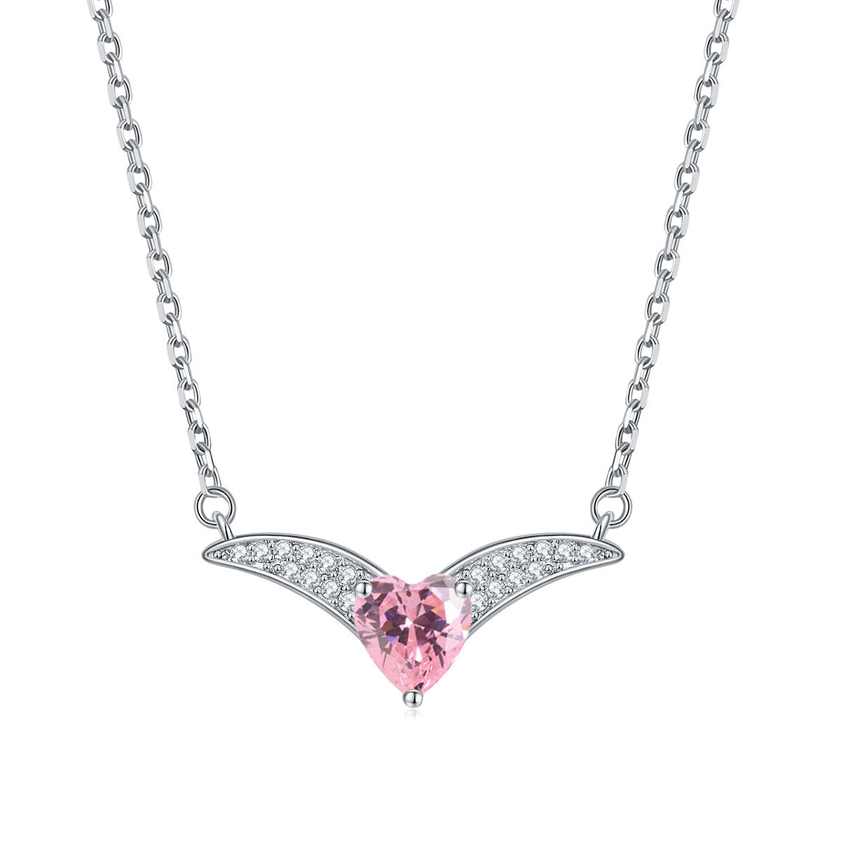 Heart Zircon V-shaped Pendant Silver Necklace for Women