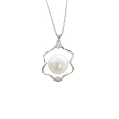 Natural Pearl Hollow Geometric Shape Pendant Silver Necklace for Women