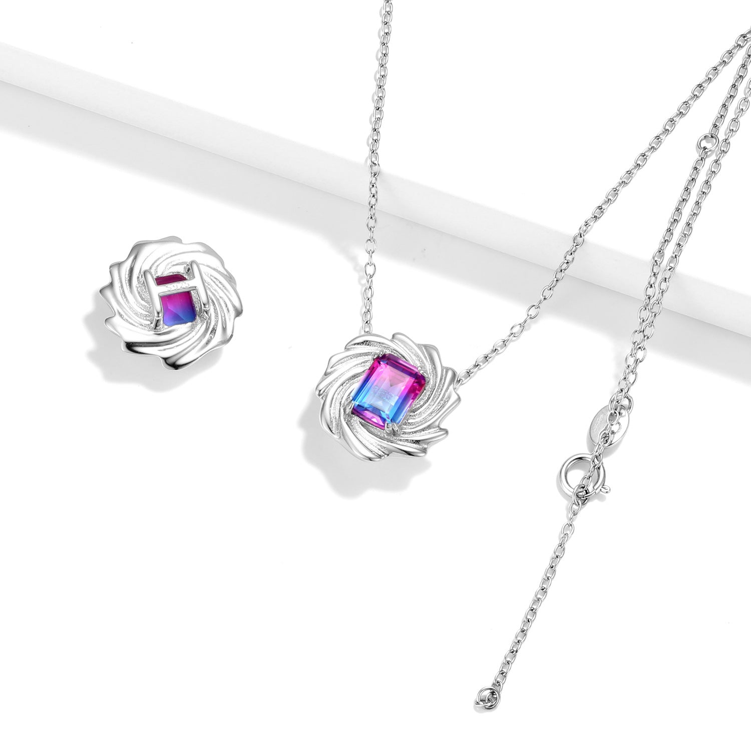 Vortex Shape Pendant Colourful Emerald Cut Zircon Silver Necklace