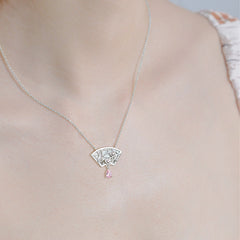 Plum Flower Pattern Fan Pendant Pear Shape Pink Zircon Sterling Silver Necklace