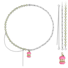 Pink Bird Cage Pendant Natural Prehnite Tassel Splicing Silver Necklace