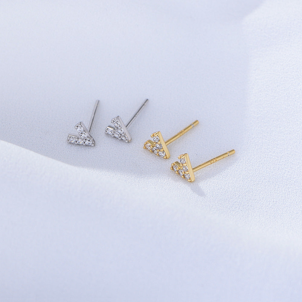 V Letter Zircon Silver Studs Earrings for Women