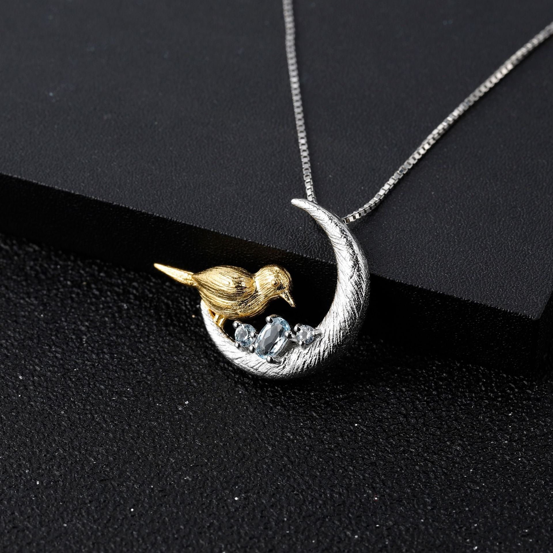 National Style Natural Colourful Gemstone Bird and Crescent Pendant Silver Necklace for Women