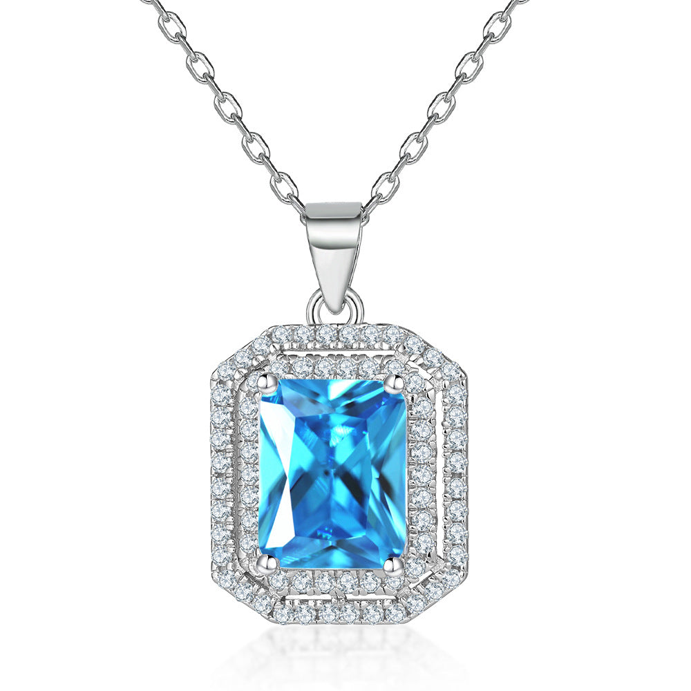 Rectangular Zircon Soleste Halo Pendant Silver Necklace for Women