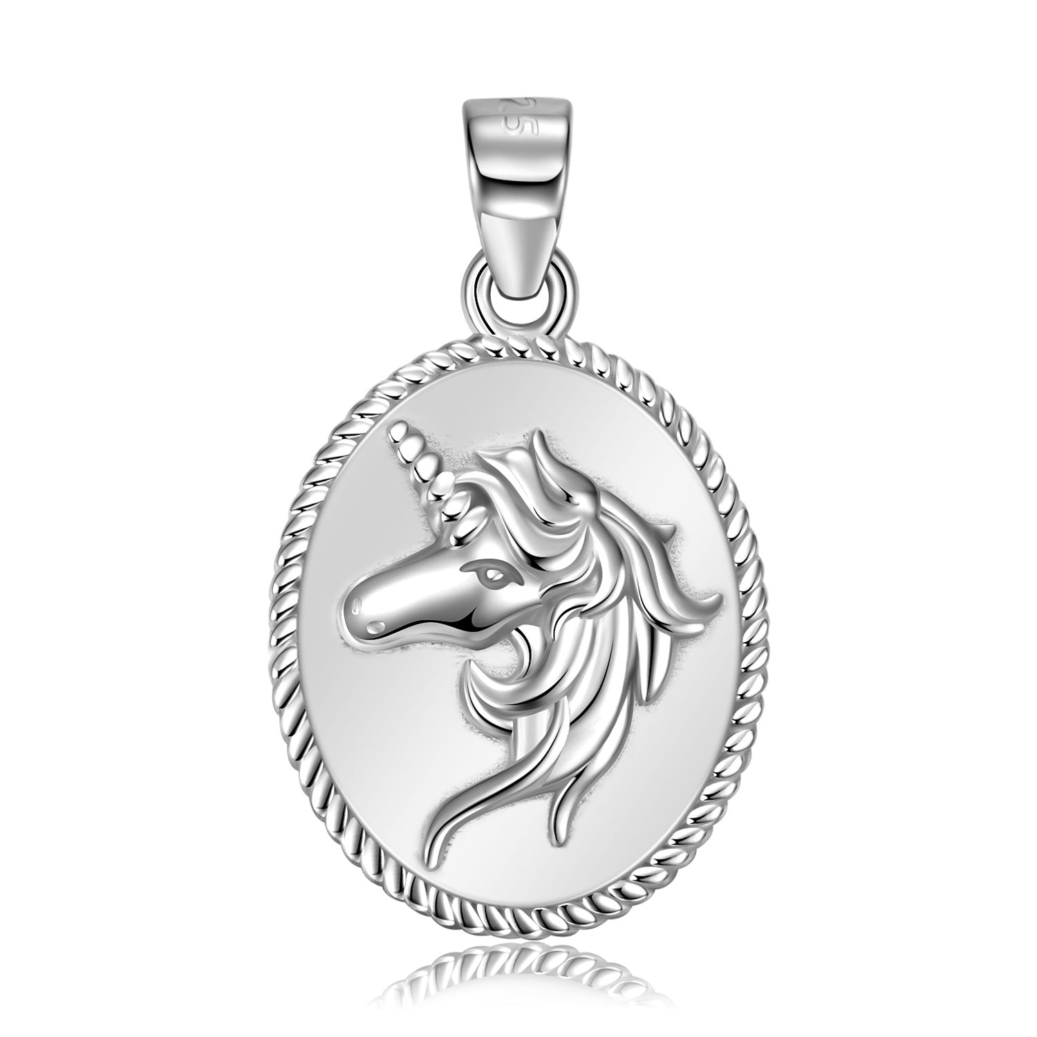 Unicorn Relief Oval Pendant Silver Necklace