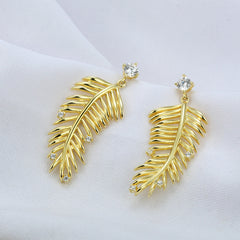 Leaf with Zircon Silver Drop Earrings for Women