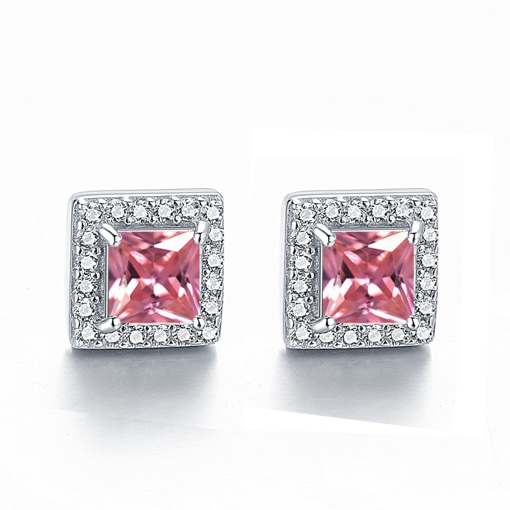 Square Zircon Soleste Halo Silver Studs Earrings for Women