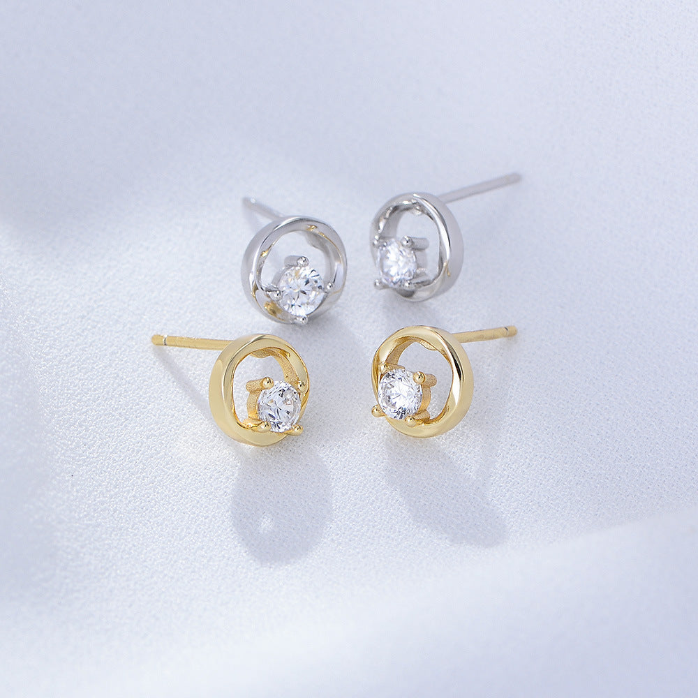 Geometric Hollow Circle with Round Zircon Silver Studs Earrings for Women