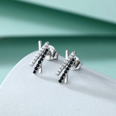 Irregular X with Black Zircon Silver Studs Earrings for Women