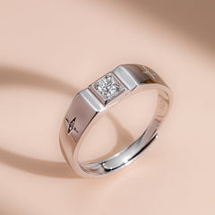 Square Shape Round Zircon Cross Star Opening Sterling Silver Ring for Men