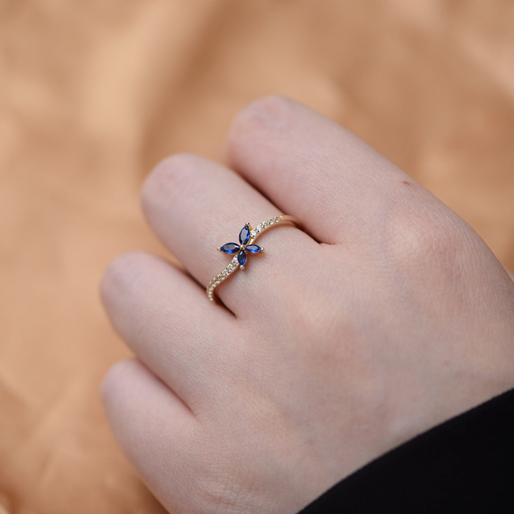 Blue Zircon Butterfly Slightly Curved Slim Sterling Silver Ring