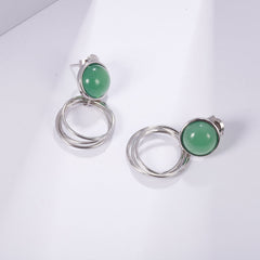 Green Agate Geometric Circle Silver Drop Earrings for Women