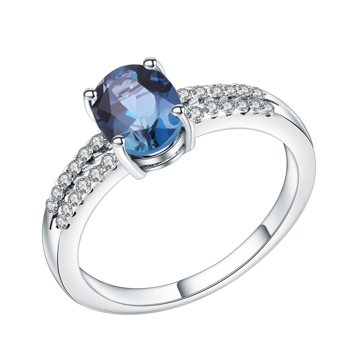 Oval Natural Blue Topaz Split Shank Silver Ring