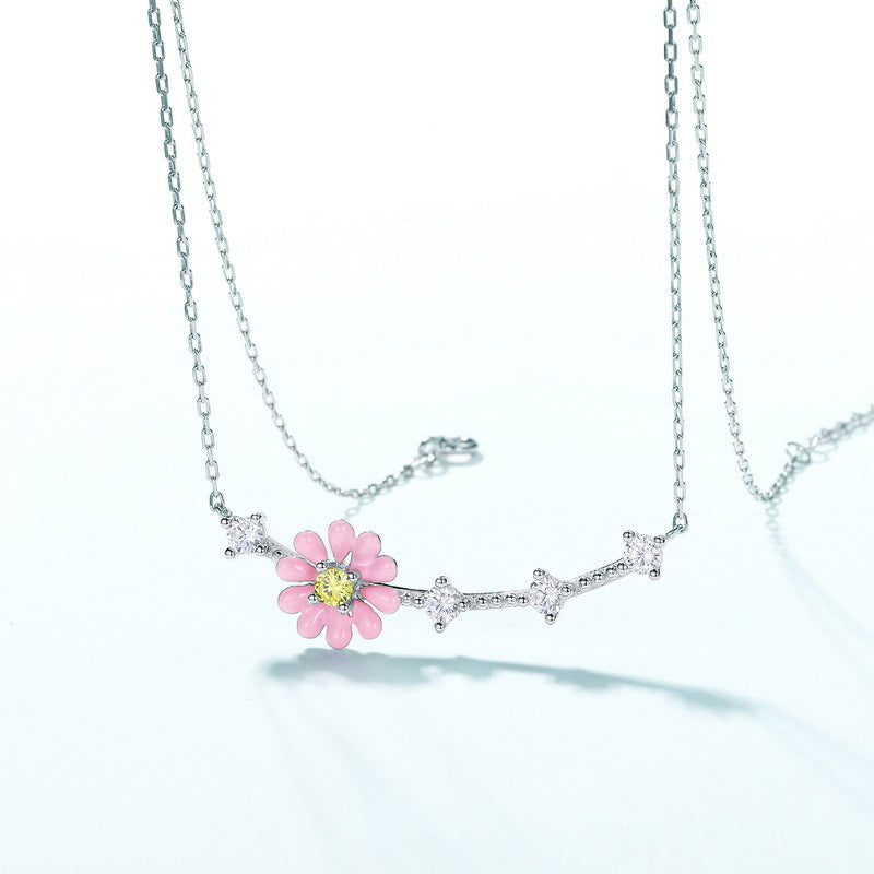 Sweet Pink Daisy Flower Colourful Zircon Sterling Silver Necklace