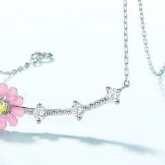 Sweet Pink Daisy Flower Colourful Zircon Sterling Silver Necklace