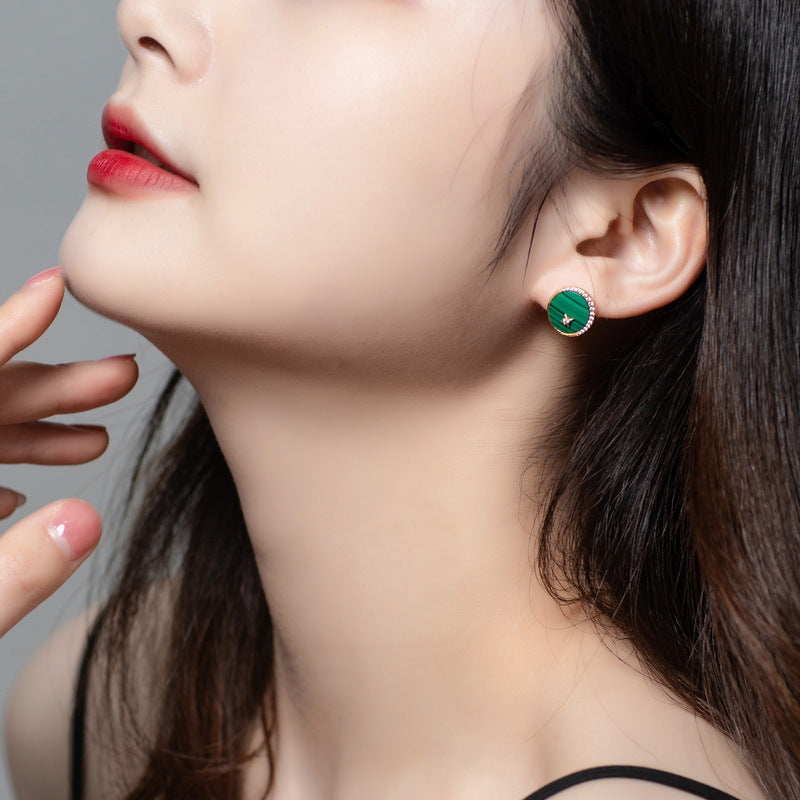 Round Malachite Star Moon Zircon Sterling Silver Stud Earrings