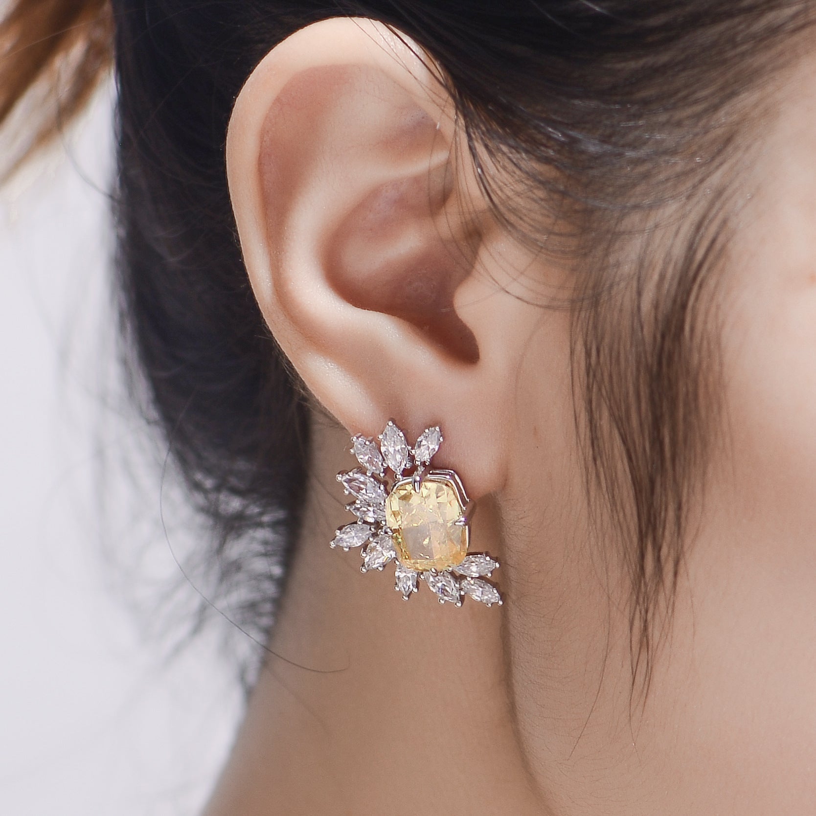 Yellow Zircon 9*11mm Rectangle Ice Cut Half Annular Petals Silver Studs Earrings for Women