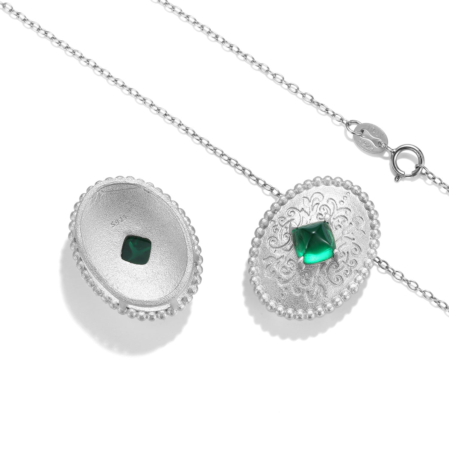 Sandblasting Retro Pattern Oval Pendant Square Green Zircon Silver Necklace