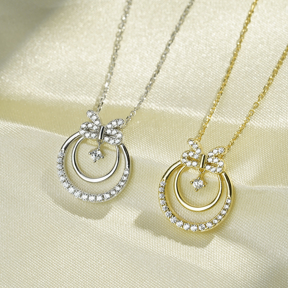 (Two Colours) White Zircon Circle Bowknot Pendants Collarbone Necklace for Women