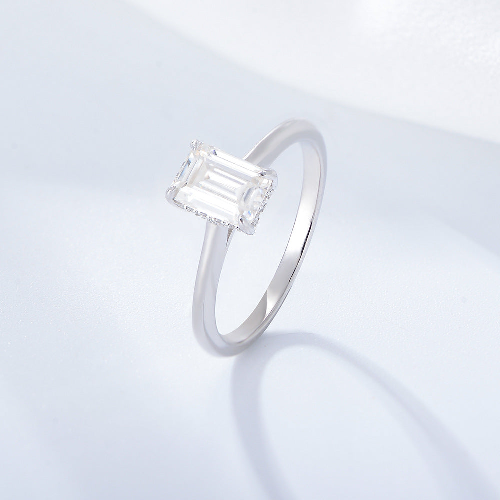 Rectangle White Zircon Solitaire Sterling Silver Ring