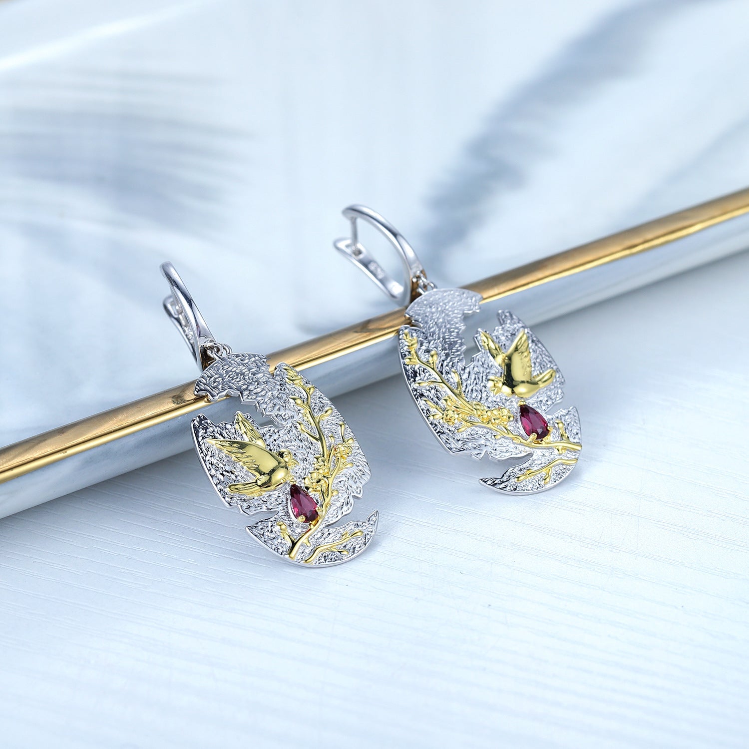 Bird In Garden Sterling Silver Drop Earrings for Women