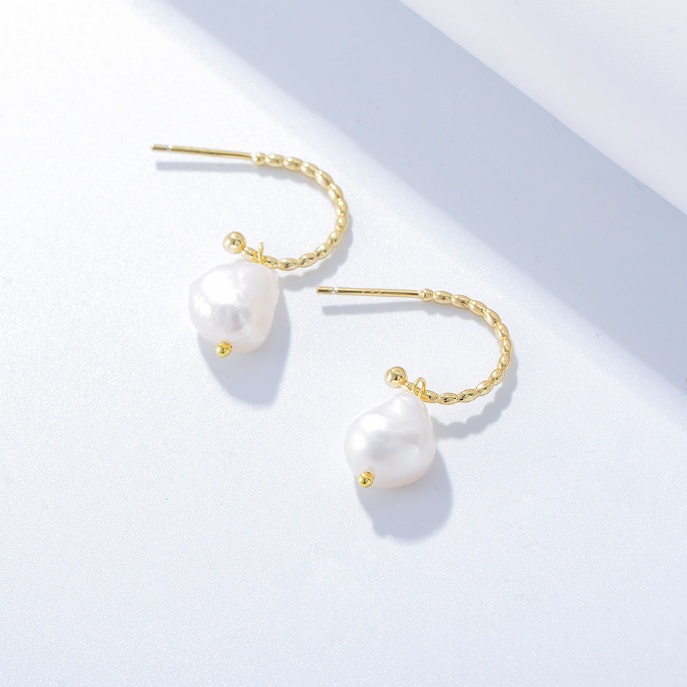 Irregular Baroque Pearl C-shaped Silver Drop Earrings for Women