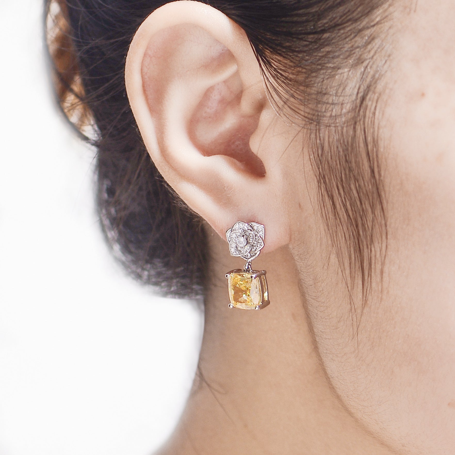 Square Yellow Zircon Camellia Drop Earrings