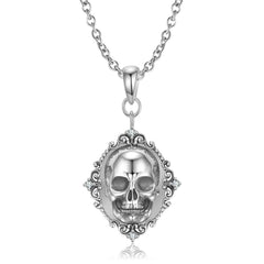 Halloween Skull Portrait Relief Pendant Silver Necklace