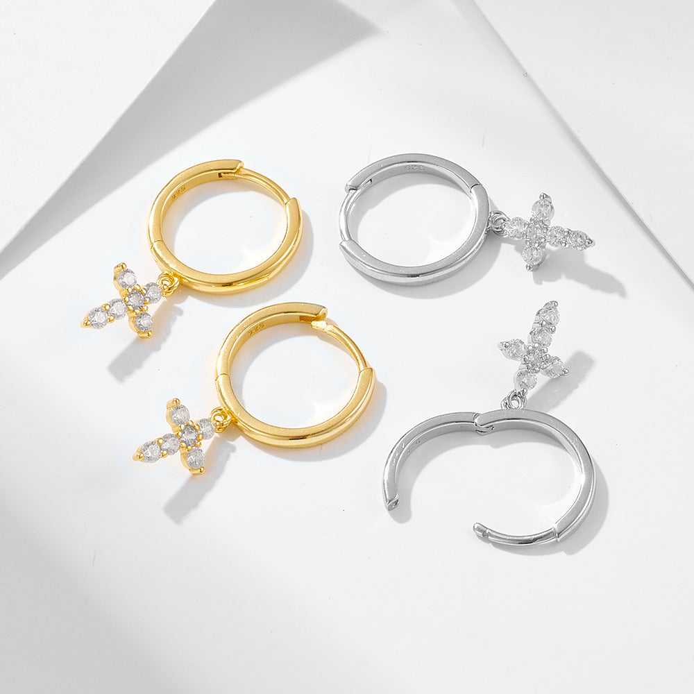 Zircon Cross Pendant Sterling Silver Hoop Earrings