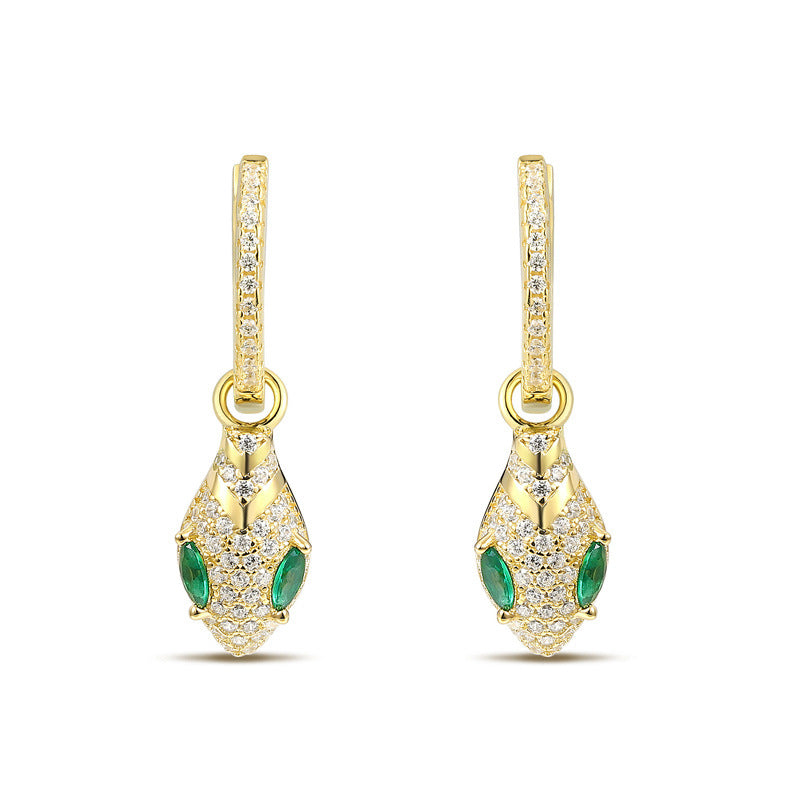 Full Zircon Snake with Marquise Green Zircon Silver Hoop Earrings for Women