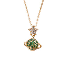 Green Zircon Planet with Star Pendant Silver Necklace for Women