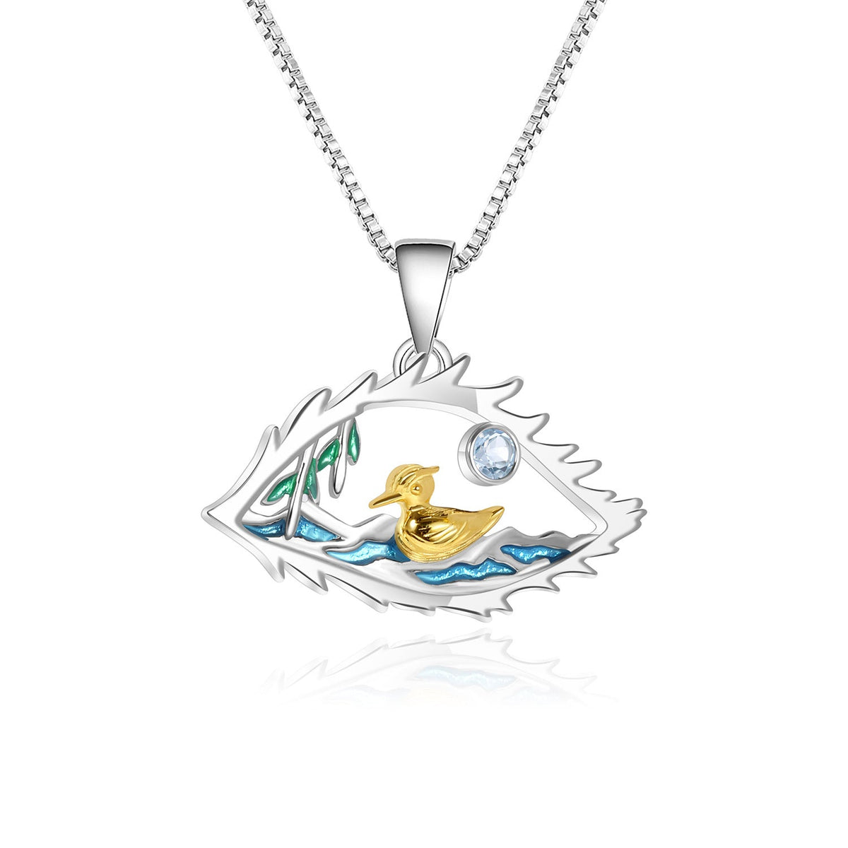 High-grade Design Lake of Eyes Enamel Natural Gemstone Little Duck Pendant Silver Necklace for Women