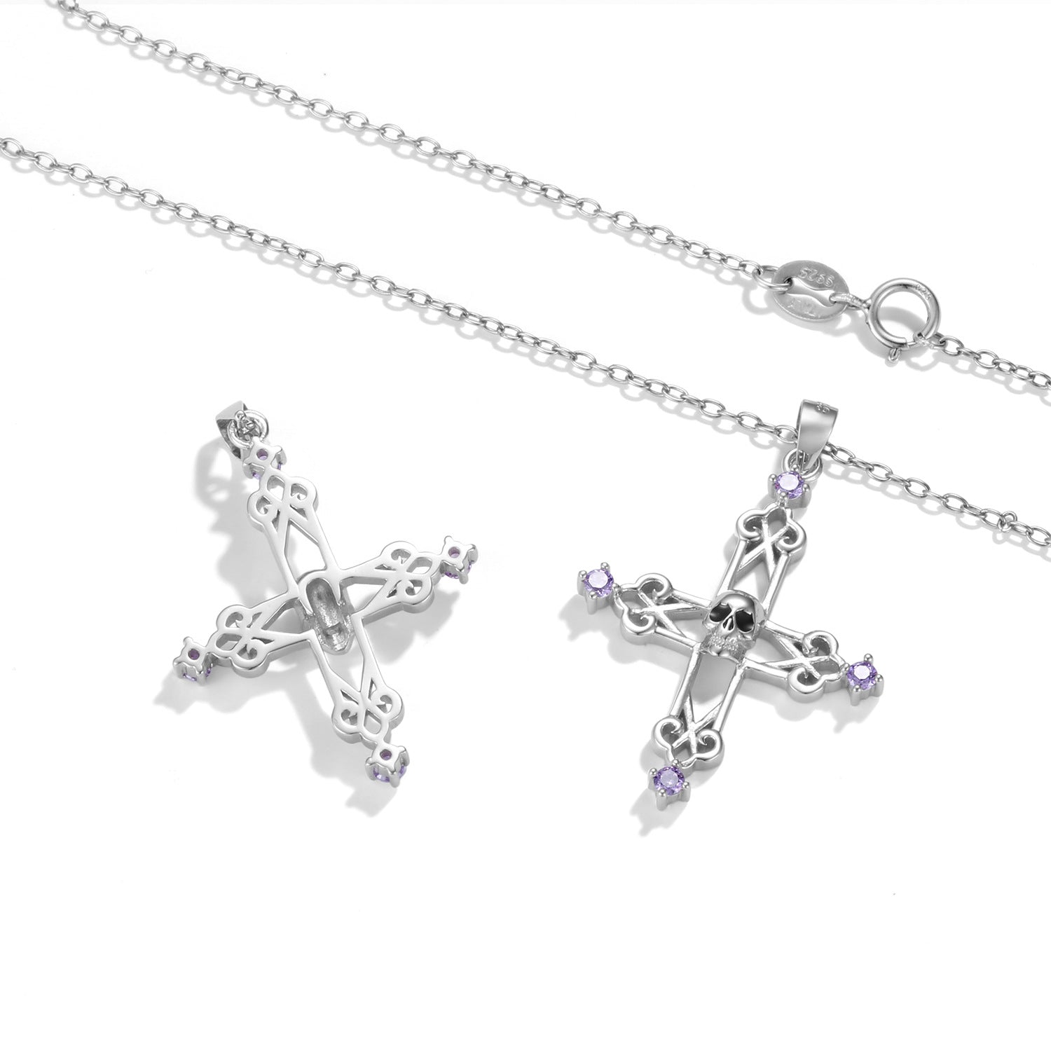 Halloween Skull Hollow Cross Pendant Purple Zircon Silver Necklace