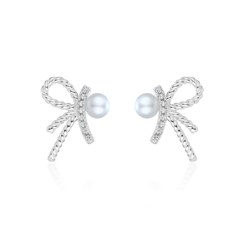 Zircon Bow with Pearl Silver Studs Earrings for Women