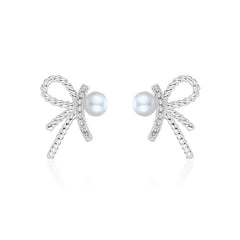 Zircon Bow with Pearl Silver Studs Earrings for Women