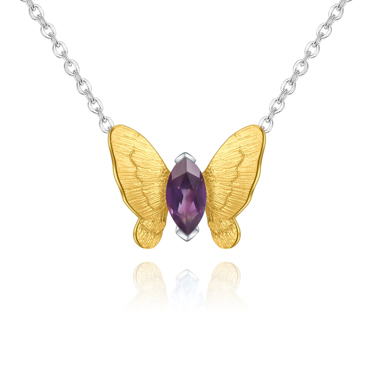 Gold Colour Simple Design Natural Gemstone Butterfly Pendant Silver Necklace for Women