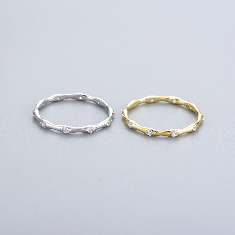 White Zircon Geometric Bamboo Design Sterling Silver Ring