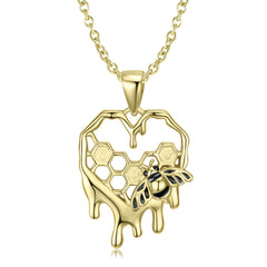 Golden Honeycomb Bee Hollow Heart Silver Necklace