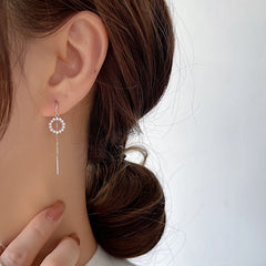 Zircon Circle Long Tassle Ear Line Silver Drop Earrings for Women