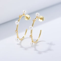 C-shaped with Pearl Zircon Silver Studs Earrings for Women