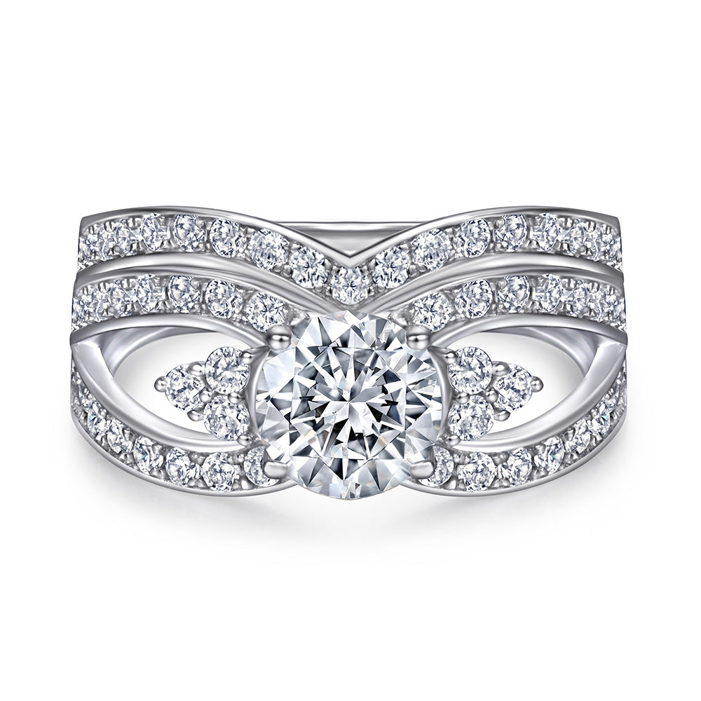 Round Zircon Modern Split Shank with V-shape Silver Ring Set
