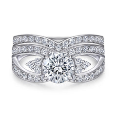 Round Zircon Modern Split Shank with V-shape Silver Ring Set