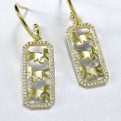 Honeysuckle Pattern with Zircon Hollow Rectangle Silver Drop Earrings for Women