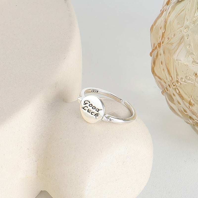 GOOD LUCK Letter Round Disc Opening Sterling Silver Ring