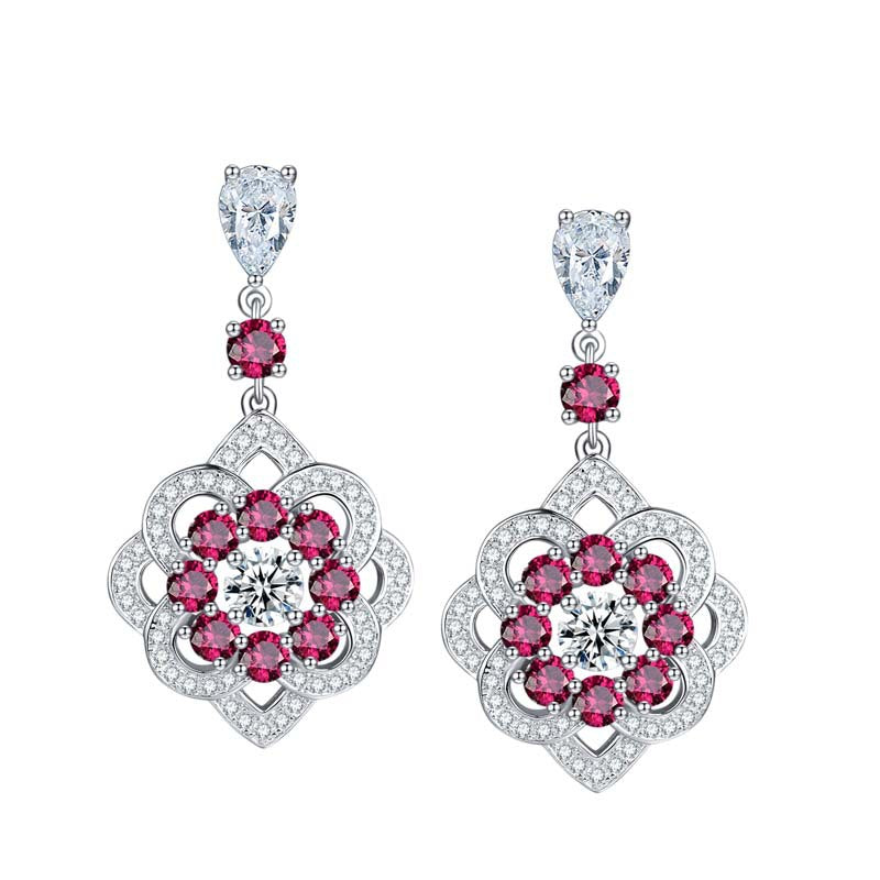 Lab-Created Ruby Flower Silver Drop Earrings