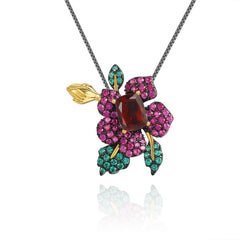 Natural Style Colourful Gemstone Brooch Pendant Dual-purpose Flower Silver Necklace for Women