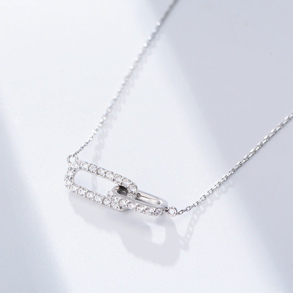 Rectangular Interlocking with Zircon Pendant Silver Necklace for Women