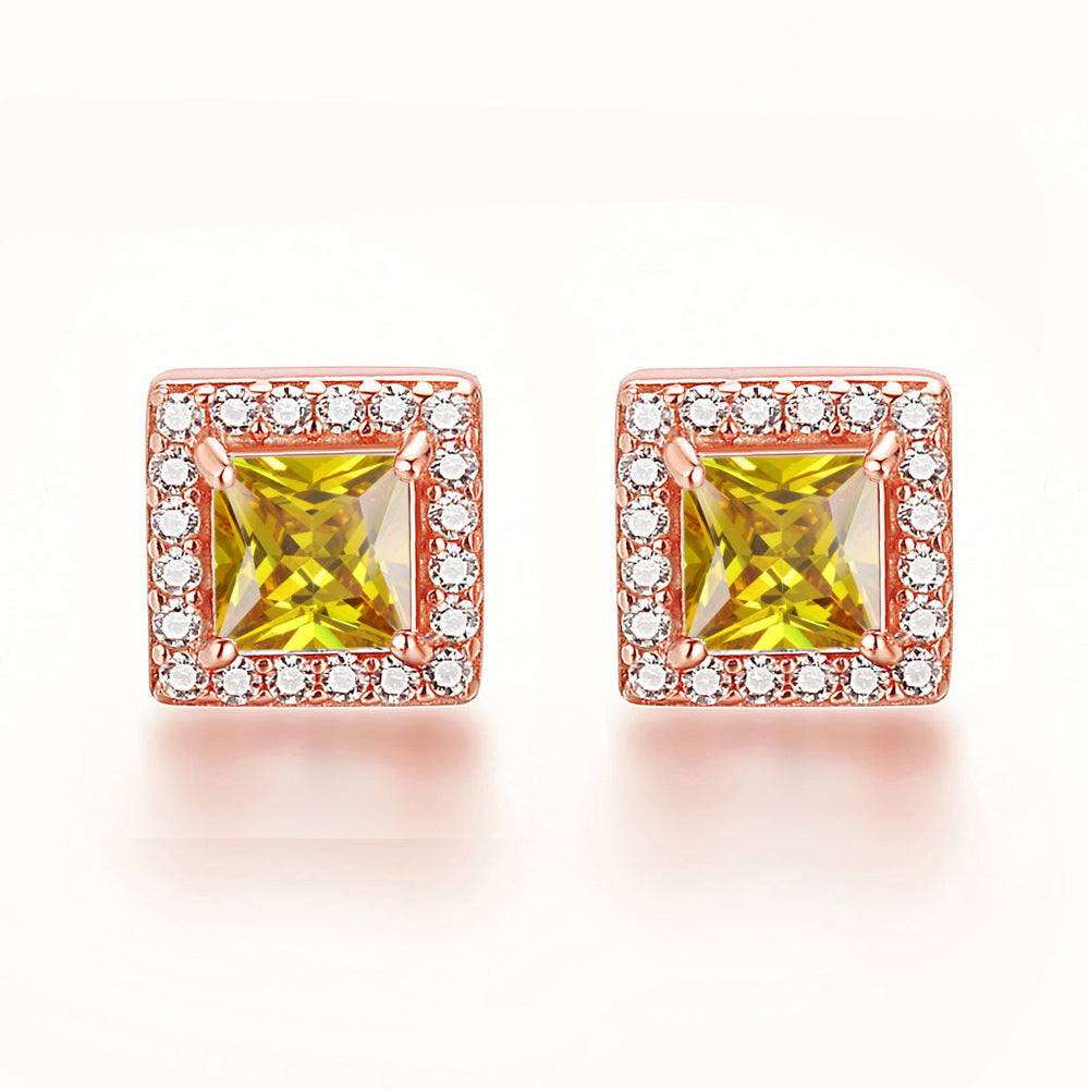 Square Zircon Soleste Halo Silver Studs Earrings for Women