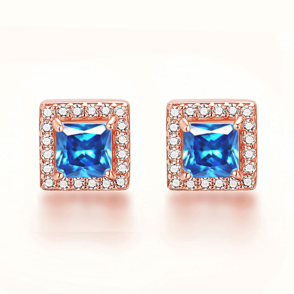 Square Zircon Soleste Halo Silver Studs Earrings for Women