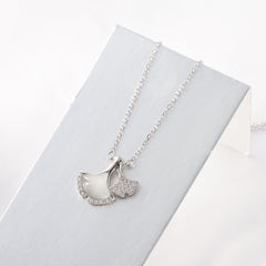 Opal Stone Ginkgo Leaf with Zircon Silver Necklace for Women